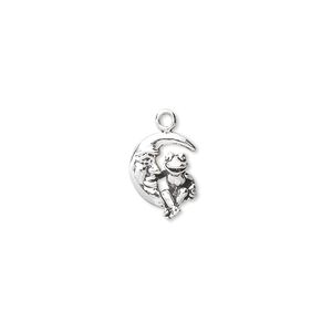 Charm, antiqued sterling silver, 11x9mm moon face with frog. Sold individually.