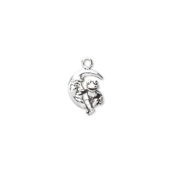 Charm, antiqued sterling silver, 11x9mm moon face with frog. Sold individually. image number 0