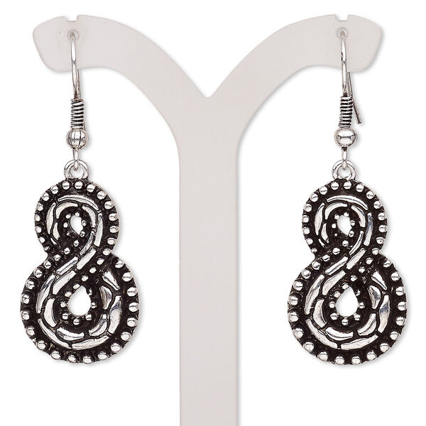 Earring, antique silver-plated brass and "pewter" (zinc-based alloy), 45mm with infinity and fishhook ear wire. Sold per pair. image number 0