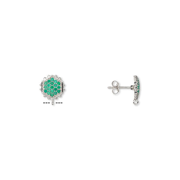 Earstud, green onyx (dyed) and sterling silver, 12x11mm beaded hexagon with open loop. Sold per pair. image number 0