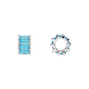 Bead, cubic zirconia and silver-plated brass, aqua, 10.5x6mm rondelle. Sold per pkg of 2.