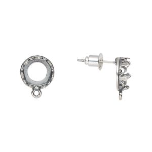 Earstud 1pkg2 JBB findings antique silver-plated, 10mm round / SS39 rivoli open back bezel setting / closed loop / earnuts, brass / rubber 1 pair