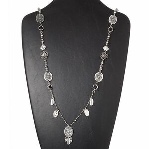 Necklace, glass / silver-coated plastic / silver-plated brass / antique silver-plated brass and "pewter" (zinc-based alloy), black, 1-1/2 inch dangle with oval and flowers, 36 inches with lobster claw clasp. Sold individually.