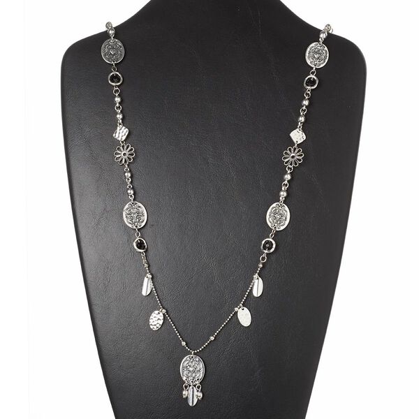 Necklace, glass / silver-coated plastic / silver-plated brass / antique silver-plated brass and "pewter" (zinc-based alloy), black, 1-1/2 inch dangle with oval and flowers, 36 inches with lobster claw clasp. Sold individually. image number 0