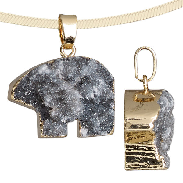 Pendant, druzy agate (dyed) / gold-finished brass / steel, grey, 24x18mm-27x25mm hand-cut single-sided zuni-style bear. Sold individually. image number 0