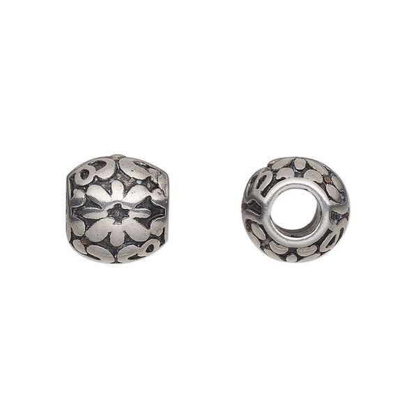 Bead, stainless steel, 10.5mm round with flower. Sold individually. image number 0