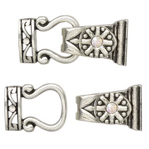 Clasp magnetic fold-over 1pkg2 "pewter" (zinc alloy), 29x13mm, AB / antique silver-finished / clear rhinestone 2-strand
