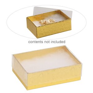 Box, plastic and paper, "cotton"-filled, gold and clear, 3-1/4 x 2-1/4 x 1-inch rectangle. Sold per pkg of 10.