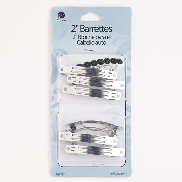Barrette, steel, pkg/6, 2 inches, silver finish. image number 0