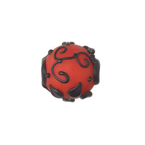 Bead, lampworked glass, opaque matte red and black with leaf and swirl design, 18mm round. Sold individually.