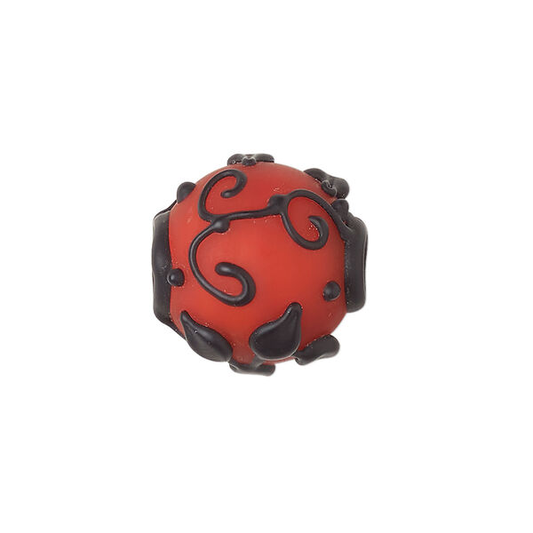 Bead, lampworked glass, opaque matte red and black with leaf and swirl design, 18mm round. Sold individually. image number 0