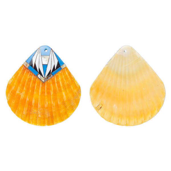 Focal, sea scallop shell / multi-shell / resin (dyed/assembled), orange / medium blue / multicolored, 53x50mm, Mohs hardness 3-1/2. Sold individually. image number 0