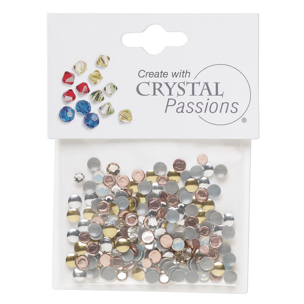 Flat back / rhinestud 1pkg200 mixed colors foil back / mixed platings, Crystal Passions&reg; rhinestone / brass 4mm hotfix round / SS12-SS16 rose round image number 0