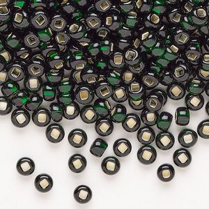 Glass 1pkg1, square hole round seed bead translucent silver-lined dark green #6 100g