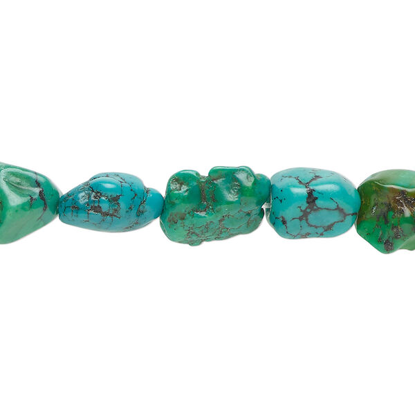 Bead, turquoise and magnesite (dyed / stabilized), blue-green, small to medium nugget, Mohs hardness 5 to 6. Sold per 15-1/2" to 16" strand. image number 0