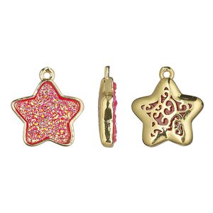 Drop, Druzylite™, "druzy" (resin) and gold-finished brass, hot pink, 15x14mm two-sided star with open filigree back. Sold per pkg of 4.