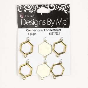 Link assortment, gold- and brass-finished "pewter" (zinc-based alloy) and brass, 18mm-19x17mm hexagon and open hexagon. Sold per pkg of 6.