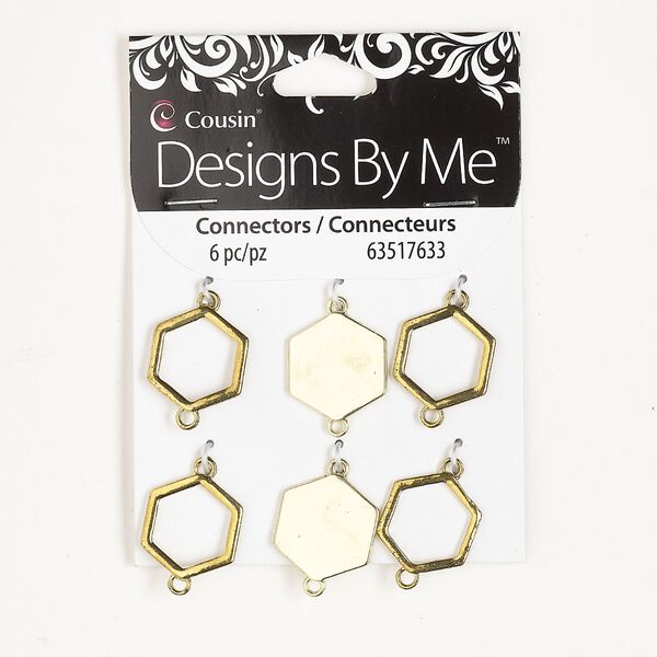 Link assortment, gold- and brass-finished "pewter" (zinc-based alloy) and brass, 18mm-19x17mm hexagon and open hexagon. Sold per pkg of 6. image number 0
