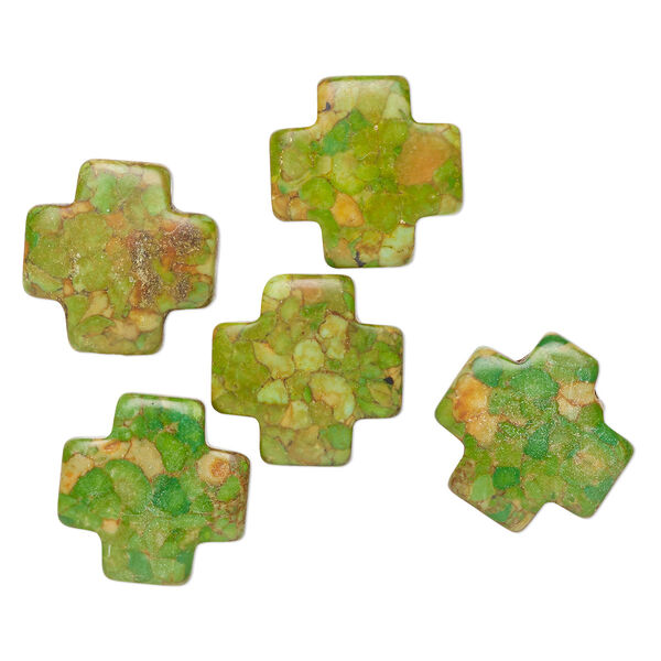 Bead, mosaic "turquoise" (magnesite) (dyed / assembled), turquoise green, 21x12mm Swiss cross, C- grade, Mohs hardness 3-1/2 to 4. Sold per pkg of 5. image number 0