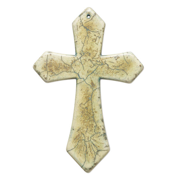 "Magnesite" / resin 1pkg1, top-drilled cross focal green / brown 3.5x2.5 inch image number 0