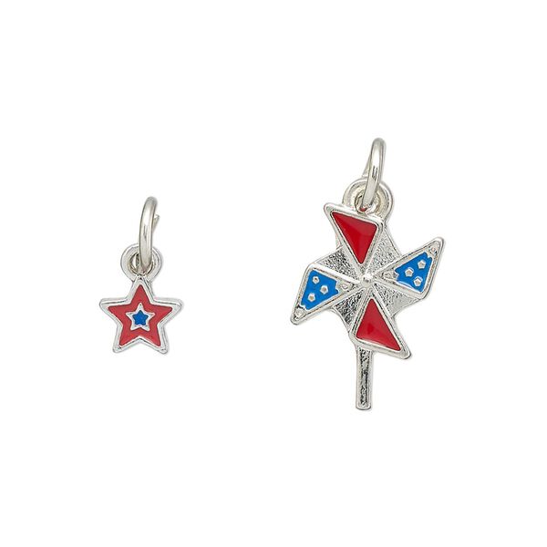 Charm assortment, imitation rhodium-finished "pewter" (zinc-based alloy) and enamel, red and blue, 16x12mm pinwheel and 7mm star. Sold per 2-piece set. image number 0