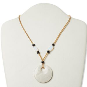 Multi-gemstone / glass / "pewter" (zinc-based alloy) 1pkg1, AB silver-finished / antique gold-finished go-go necklace 17 inch / 2 inch dangle / lobster claw clasp 44mm