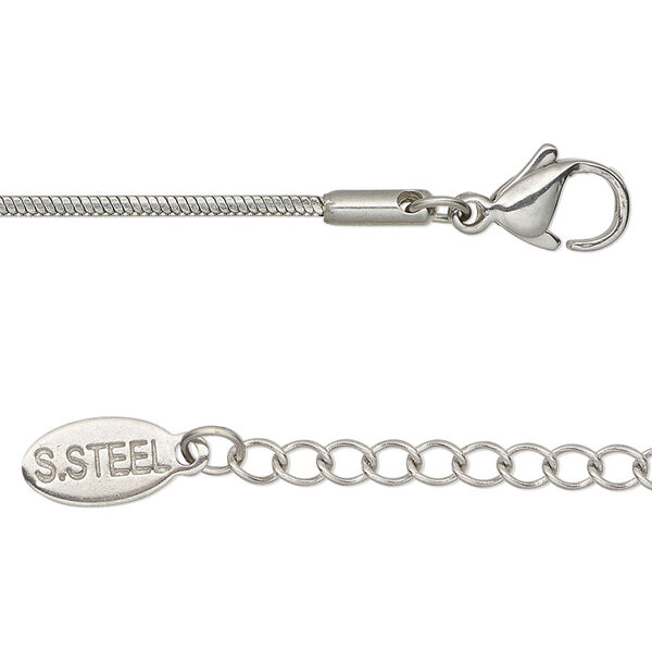 Chain, stainless steel, 1.5mm square snake, 18 inches with 2-inch extender chain and lobster claw clasp. Sold individually. image number 0