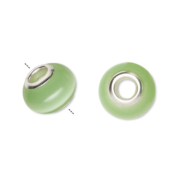 Bead, Dione®, cat's eye glass (fiber optic glass) and silver-plated brass grommets, light green, 13x10mm-14x10mm rondelle. Sold per pkg of 6. image number 0