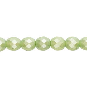 Bead, Czech fire-polished dipped décor glass, pearlescent lime green, 8mm faceted round. Sold per pkg of 600 (1/2 mass).