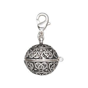 Drop, antique silver-finished "pewter" (zinc-based alloy), 17mm round prayer box with magnetic closure and lobster claw clasp. Sold individually.