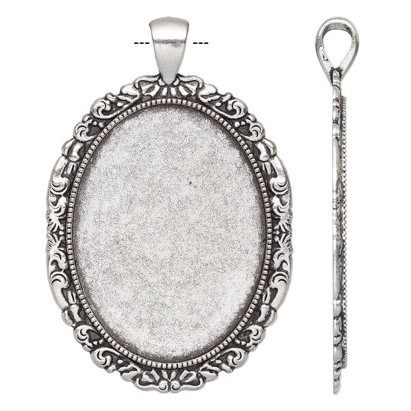 Pendant, antique silver-finished "pewter" (zinc-based alloy), 58x38mm single-sided oval with fancy design and 40x30mm non-calibrated oval setting. Sold individually. image number 0