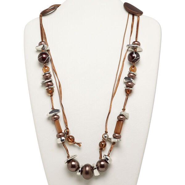 Necklace, acrylic and satin ribbon, brown and silver, 10mm-35x26mm mixed shapes, waxed cotton cord adjustable up to 46-1/2 inches. Sold individually. image number 0