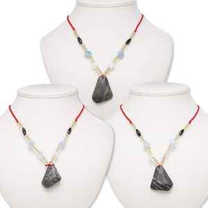 Multi-gemstone / acrylic / glass 1pkg3, freeform pendant necklace mix continuous loop 20 inch 36x26mm-54x37mm