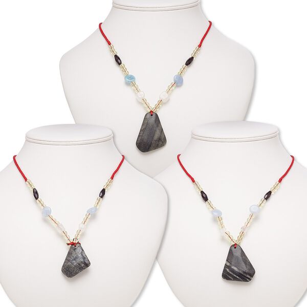 Multi-gemstone / acrylic / glass 1pkg3, freeform pendant necklace mix continuous loop 20 inch 36x26mm-54x37mm image number 0