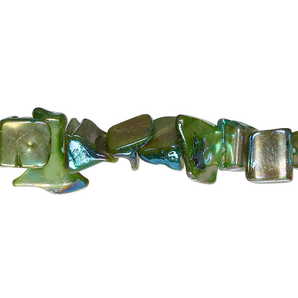 Bead, mother-of-pearl shell (dyed), green apple AB, medium chip with 0.4-0.6mm hole, Mohs hardness 3-1/2. Sold per 15-inch strand. image number 0