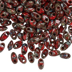 Seed bead, Miyuki, glass, pkg/10g, 7x4mm long magatama, opaque Picasso red (LMA-4513).