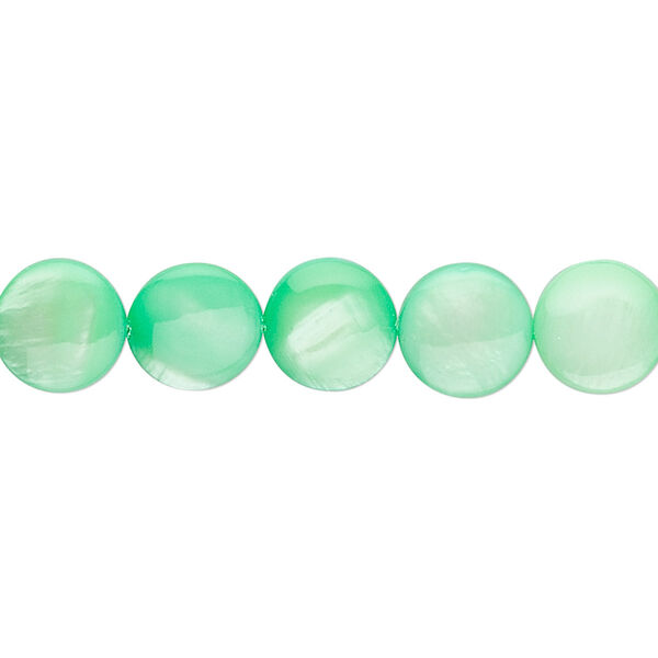 Bead, mother-of-pearl shell (dyed), mint green, 9mm flat round. Sold per 15" to 16" strand. image number 0