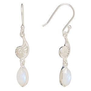 Earring, Create Compliments®, antiqued sterling silver and rainbow moonstone (natural), fishhook, 42.5mm with 26.5mm single-sided left- and right-facing nautilus, 21 gauge. Sold per pair.