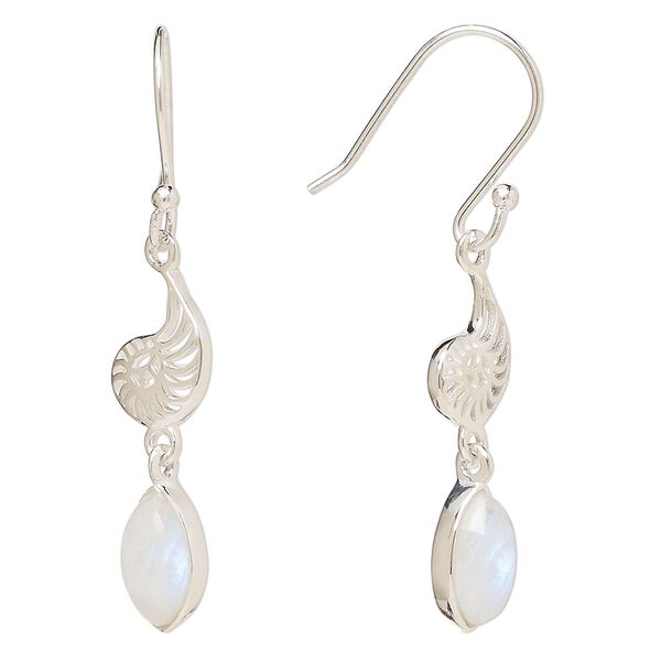 Earring, Create Compliments®, antiqued sterling silver and rainbow moonstone (natural), fishhook, 42.5mm with 26.5mm single-sided nautilus, 21 gauge. Sold per pair. image number 0
