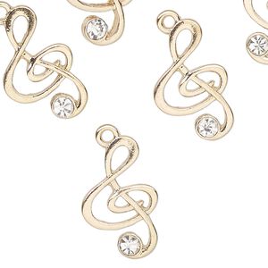 Charm, gold-finished "pewter" (zinc-based alloy) and glass, clear, 20x13mm clef note. Sold per pkg of 12.