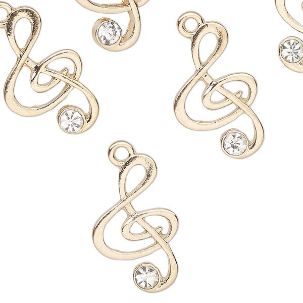 Charm, gold-finished "pewter" (zinc-based alloy) and glass, clear, 20x13mm clef note. Sold per pkg of 12. image number 0