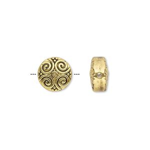 Bead, antique gold-finished "pewter" (zinc-based alloy), 10mm double-sided flat round with spiral design. Sold per pkg of 10.
