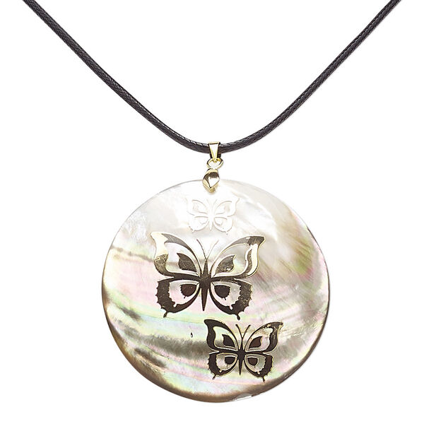 Necklace, black lip shell (coated) / waxed cotton cord / gold-finished brass, gold and black, 50mm round with butterfly decal, 18 inches with 3-inch extender chain and lobster claw clasp. Sold individually. image number 0