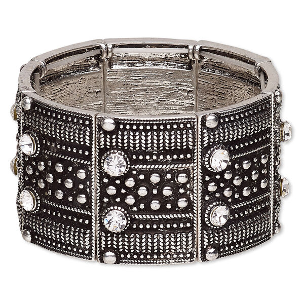 Bracelet, stretch, glass rhinestone and antique silver-plated "pewter" (zinc-based alloy), clear, 38mm wide with rectangle, 7 inches. Sold individually. image number 0