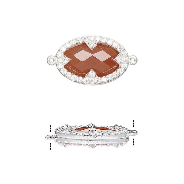 Link, carnelian (dyed / heated) / cubic zirconia / sterling silver, clear, 18x12mm double-sided faceted oval. Sold individually. image number 0