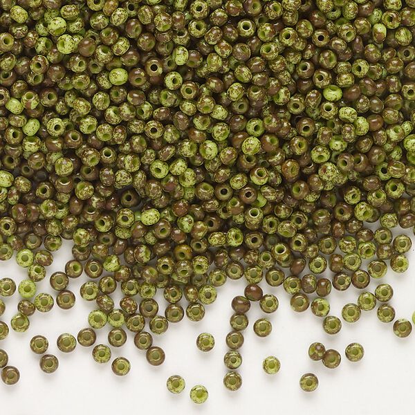 Seed bead, Preciosa Ornela, glass, opaque moss green travertine, #11 rocaille. Sold per 500-gram pkg. image number 0