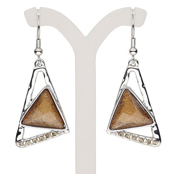Earring, resin / glass rhinestone / imitation rhodium-plated brass / "pewter" (zinc-based alloy), brown and light brown, 2 inches with triangle and fishhook ear wire. Sold per pair. image number 0