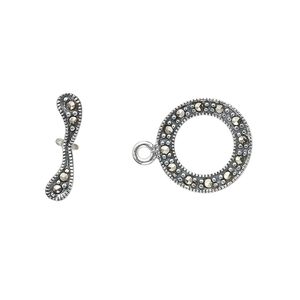 Clasp toggle 1pkg1 sterling silver / marcasite (natural), 14mm round, antiqued 1-strand