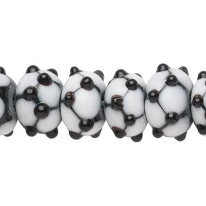Bead 1pkg10, lampworked glass, black and white, 14x10mm rondelle.