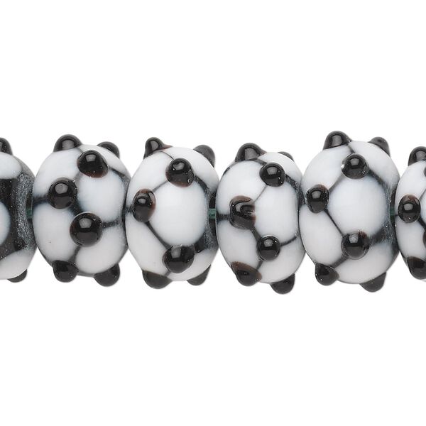 Bead 1pkg10, lampworked glass, black and white, 14x10mm rondelle. image number 0